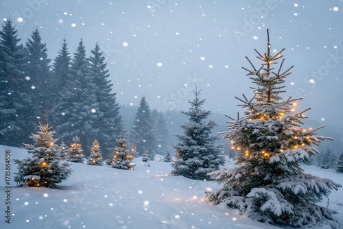 Winter background. Christmas landscape with snow and fir trees.