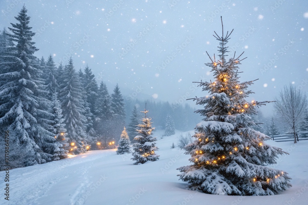 Fototapeta premium Winter background. Christmas landscape with snow and fir trees.