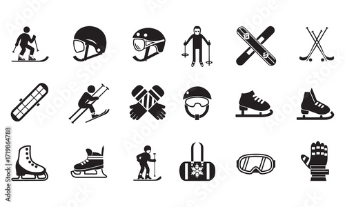 Winter Sports Icons & Skiing Silhouettes – Snowboarding, Ice Skating, and Snow Gear Vector Collection