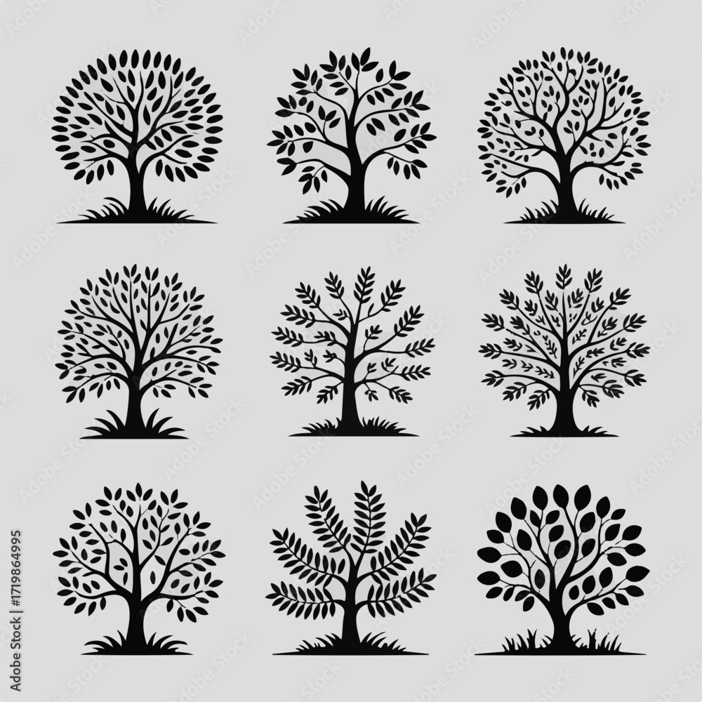 Naklejka premium Elegant Collection of Nine Black Silhouette Trees Nature Illustrations for Design Projects