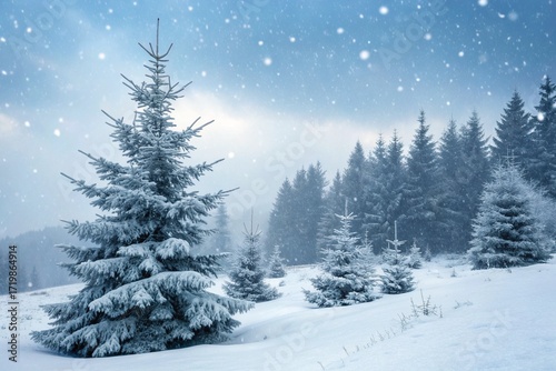 Winter background. Christmas landscape with snow and fir trees.