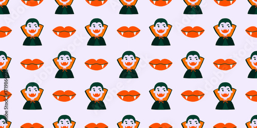 Cute Halloween vector seamless pattern. Fall wrapping paper design with Count Dracula character, vampire, fangs illustrations
