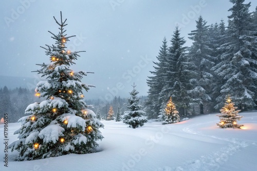 Winter background. Christmas landscape with snow and fir trees.