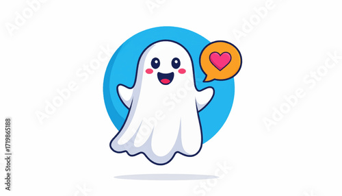 Cute Ghost with Heart Bubble Illustration on Blue Background