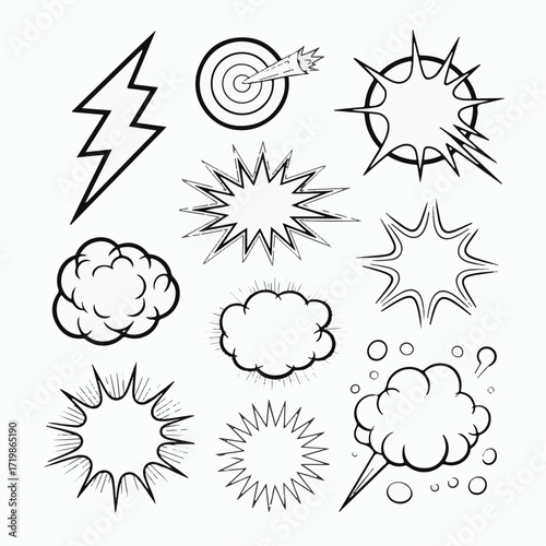 Black and white comic style graphic elements speech bubbles, thought clouds, explosion bursts, lightning bolt, target for dynamic design