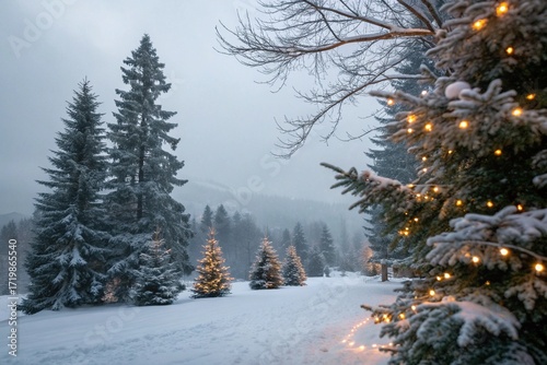 Winter background. Christmas landscape with snow and fir trees.