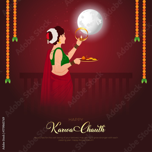 Happy Karwa Chauth Social Media Post and Greetings. Hindu Festival Karwa Chauth Celebration Creative Design Vector Illustration