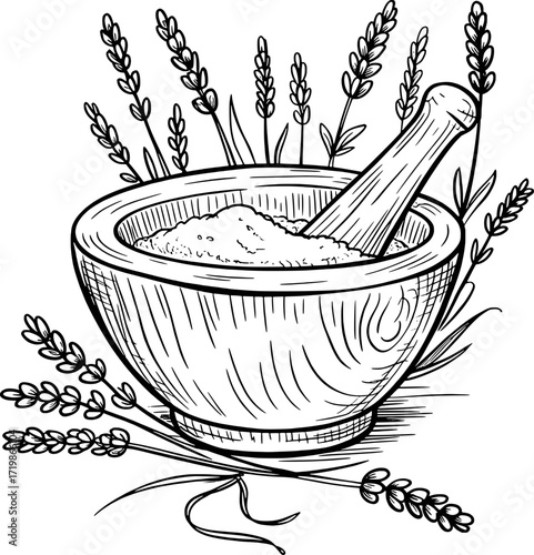 Mortar and pestle with lavender sprigs grinding herbs