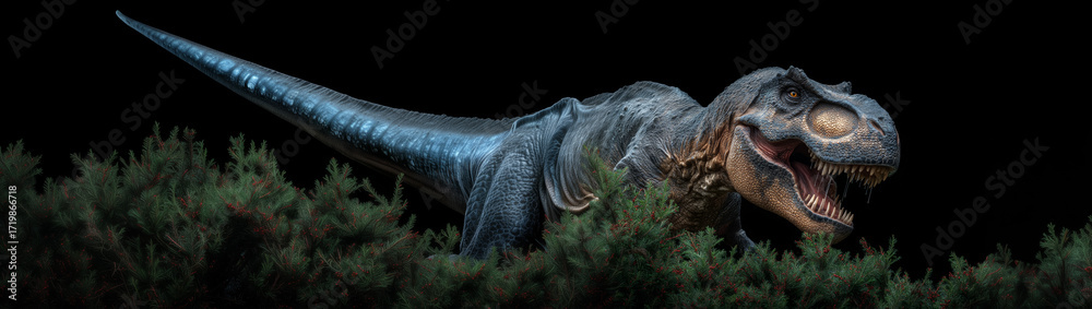 Obraz premium T-rex emerges from dense foliage, showcasing its formidable stature and fierce expression against a dark backdrop in a prehistoric setting