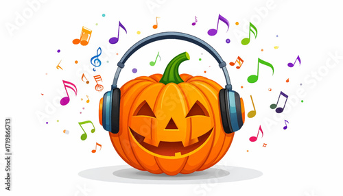 Festive Halloween Jack-o'-lantern character in headphones with vibrant music notes, illustrating a holiday celebration concept