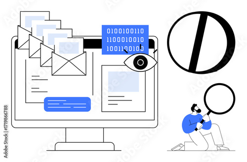 Emails, binary code, and eye on computer screen. Person examining with magnifying glass symbolizes cybersecurity, data protection, privacy, malware detection, communication, IT systems simple flat