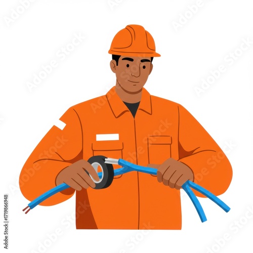 Electrician working with blue wires and electrical tape in uniform  