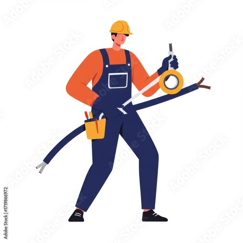 Electrician holding tools and cables while wearing a hard hat  