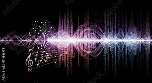 Digital music visualization with binary code and sound waves, a vibrant, modern artwork for technology, audio production, and future concepts