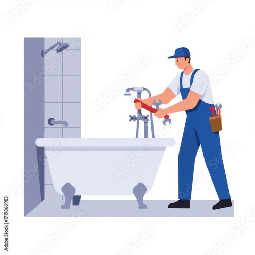 Plumber fixing faucet in bathroom with tools and white bathtub  