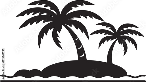 Dreamy tropical island escape featuring swaying palm trees above serene ocean waves, perfect for travel, vacation, or summer themes, originally vector art
