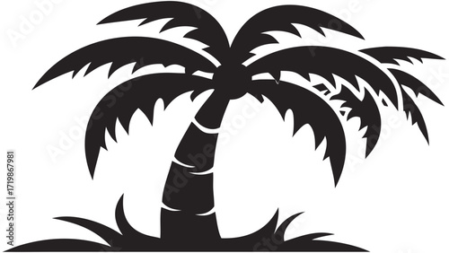 Iconic black silhouette of a lush palm tree with vibrant fronds swaying gently, evoking tropical paradise and serene escapism.