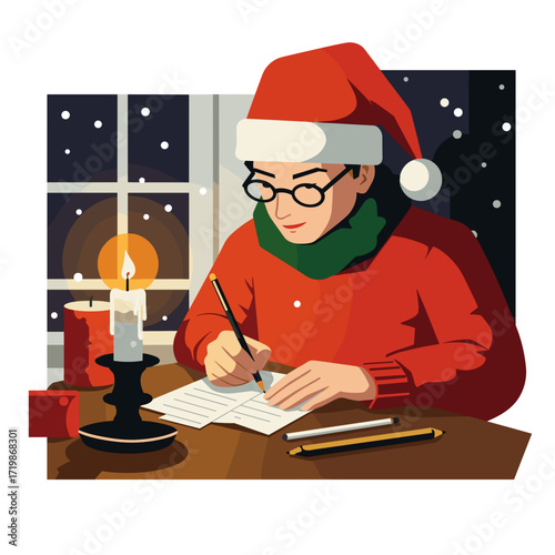 Person writing letters by candlelight in cozy winter surroundings  