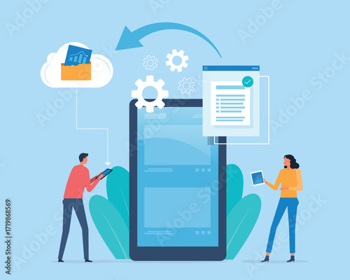 business technology cloud computing concept. people team working connecting with cloud servers. flat vector illustration design
