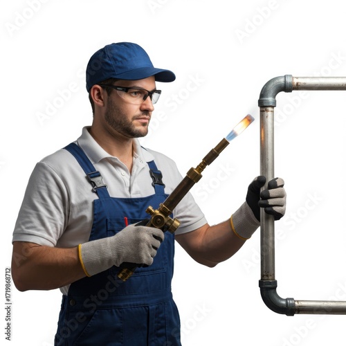 Male worker welding metal pipe with torch in industrial setting  
