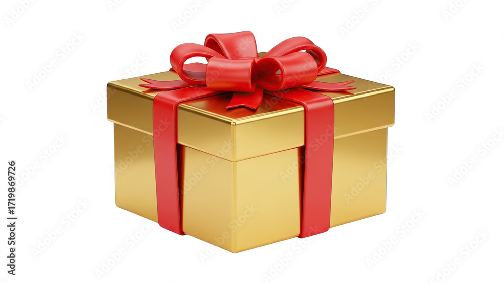 Fototapeta premium Luxurious gold gift box with vibrant red ribbon and bow perfect for celebrations and special occasions