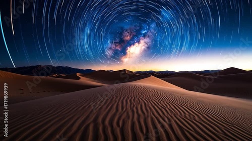 Desert Night Sky Star Trails Astrophotography.