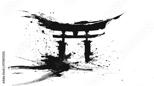 Abstract ink brush illustration of Japanese torii shrine gate in grunge style
