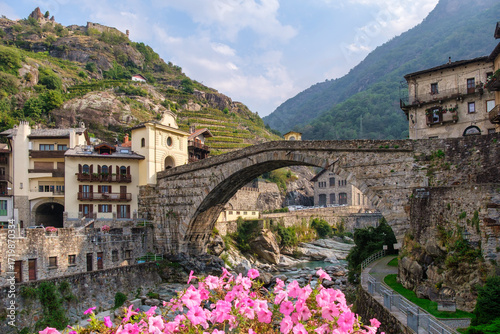 Pont-Saint-Martin bridge over the River Lys, Aosta Valley, Italy