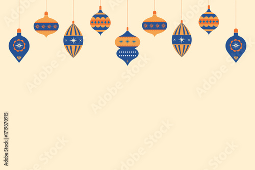 A festive background for Christmas and New Year greetings. Christmas baubles and decorations on a light background. Vector illustration with space for text.