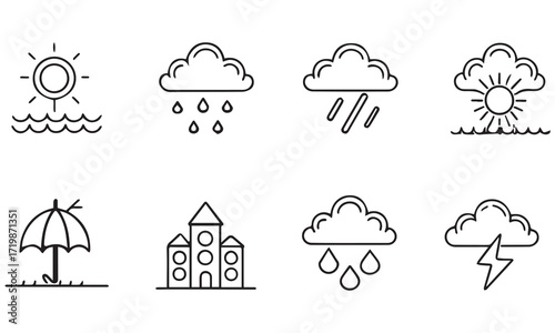 
Minimalistische Wetter Icons – Sonne, Regen, Wolken, Schnee & Blitz Symbole