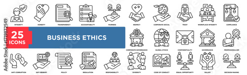 Business Ethics icon collection set. Containing design integrity, honesty, transparency, accountability, fairness, respect