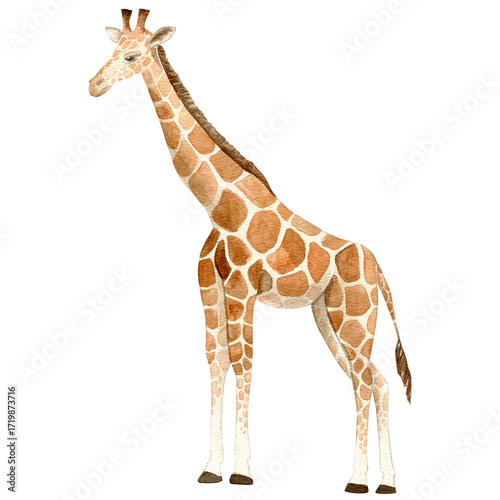 Hand-painted watercolor illustration of a majestic giraffe  Artistic wildlife artwork with soft textures and delicate brushstrokes. Perfect for posters, prints, cards, and creative design projects.