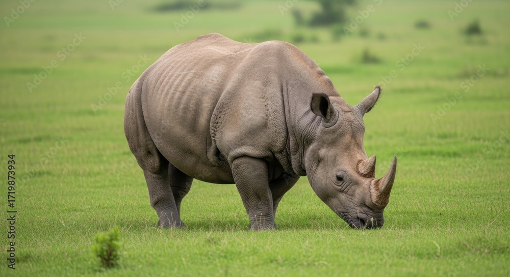 Fototapeta premium A white rhinoceros grazing in a grassy field.