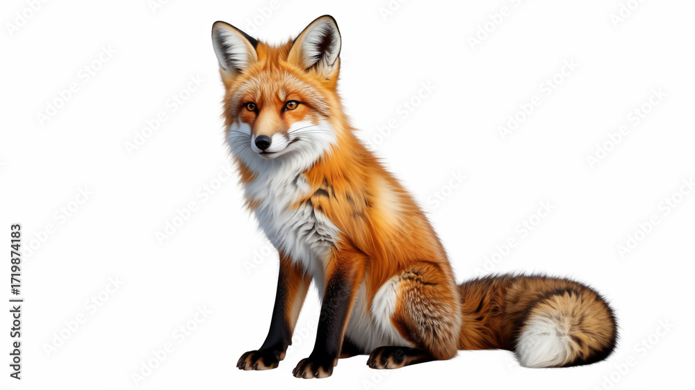 Naklejka premium A red fox sitting and isolated on white background, displaying its vibrant fur and alert gaze, a symbol of cunning and adaptability in nature