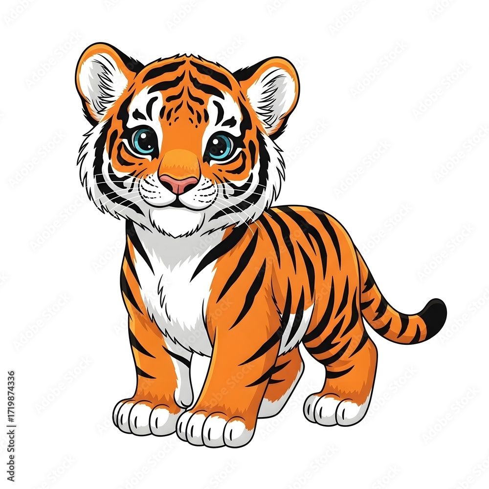 Fototapeta premium Cute cartoon tiger cub with blue eyes and black stripes 4k video