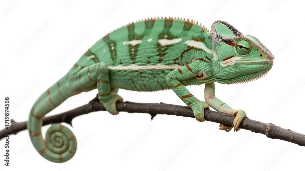 Fototapeta premium Veiled chameleon isolated on white background this reptile is known for its ability to change color and its distinctive appearance