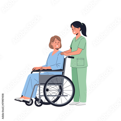 Nurse caring for elderly woman in wheelchair, vector illustration