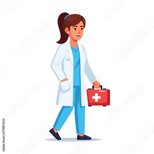 Female Doctor Walking with First Aid Kit Vector Illustration
