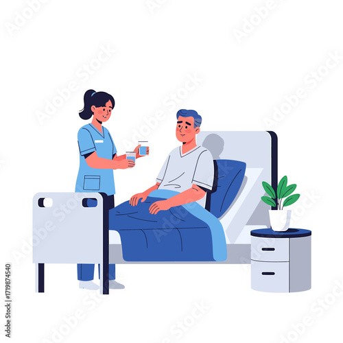 Nurse Giving Medication to Patient in Hospital Bed Illustration