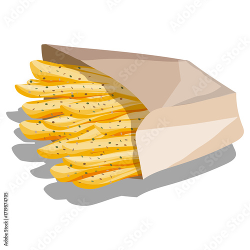 French fries sprinkled with oregano in paper bag on white background. Fast food vector illustration.