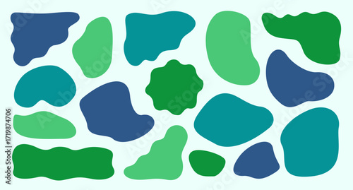 Round organic abstract shapes colored blobs background green blue pattern