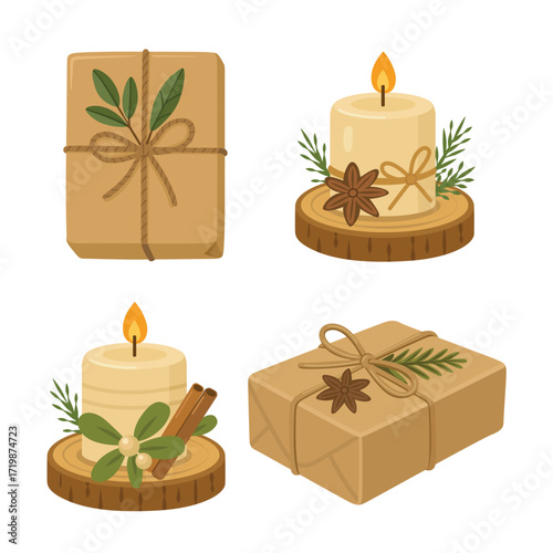 Burning candles with cinnamon sticks, star anise and fir twigs on wooden stands next to eco gift boxes wrapped in kraft paper and tied with twine. Flat lay composition. Christmas and winter holiday