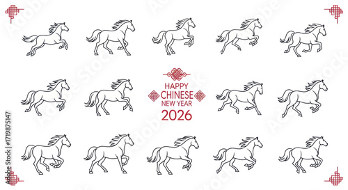Celebrate the Year of the Horse 2026 with this festive Chinese New Year design featuring graceful horses in motion symbolising success