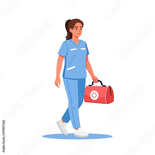 Female Doctor or Nurse Walking with First Aid Kit Illustration