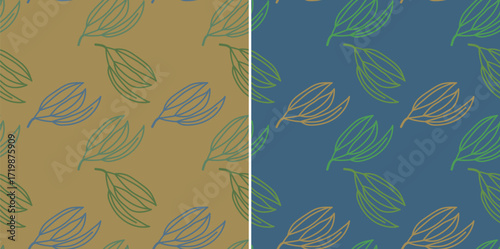 Minimalist abstract hand-drawn pastel botanical leaf bunch seamless pattern with color variations