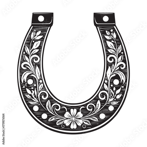 Floral Horseshoe Vector Illustration – Lucky Charm with Decorative Flowers and Ornaments