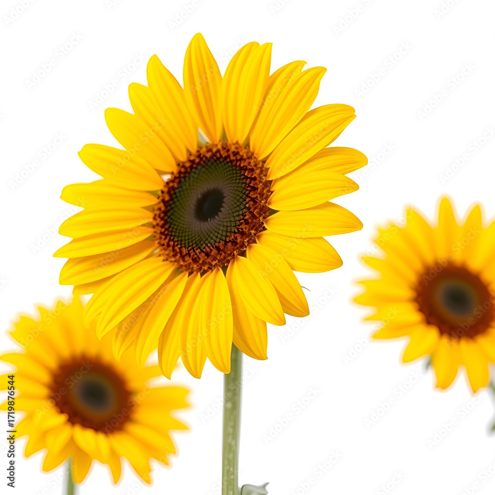 Fototapeta premium A single bright yellow sunflower with green leaves and stem isolated on transparent background A single bright yellow sunflower with green leaves and stem isolated on transparent background