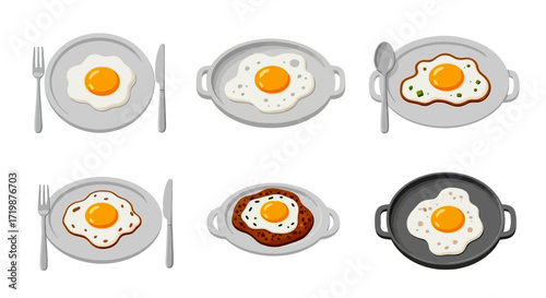 Fried eggs served on plates and in pans.