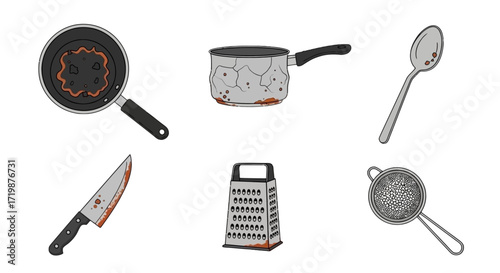 Kitchen utensils and cooking utensils are damaged and rusty