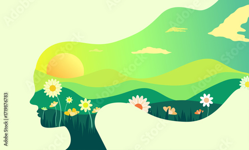 Mental health awareness positive thinking and mindset, with female head and peaceful nature mountain sunrise